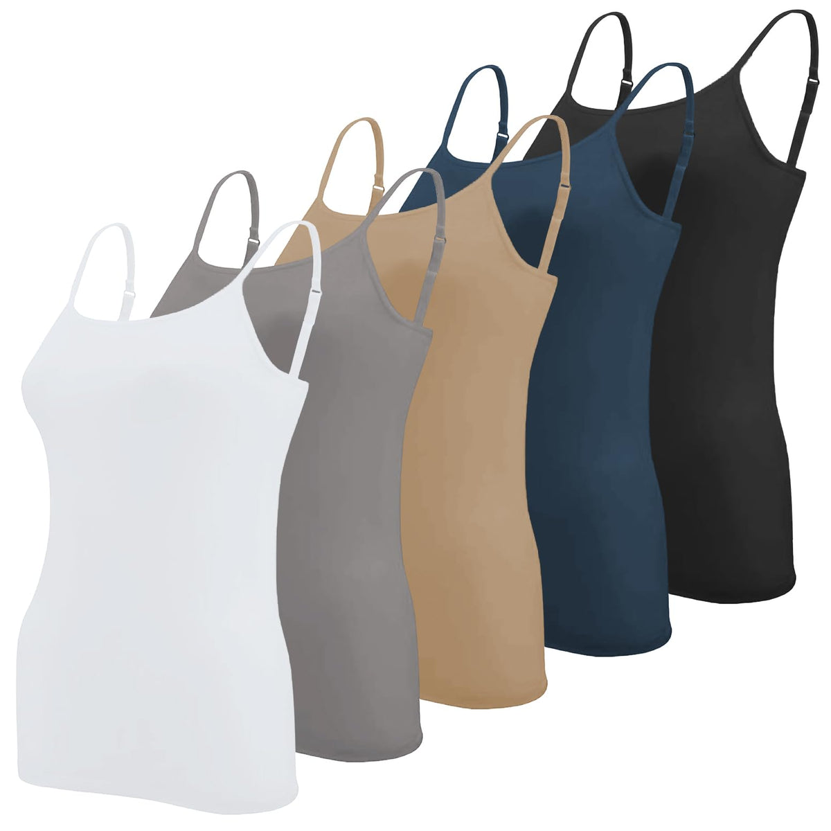 Sexy Basics Women's 5 Pack Cotton Rayon Stretch Cami Tank | Adjustable Spaghetti Strap Tank Top