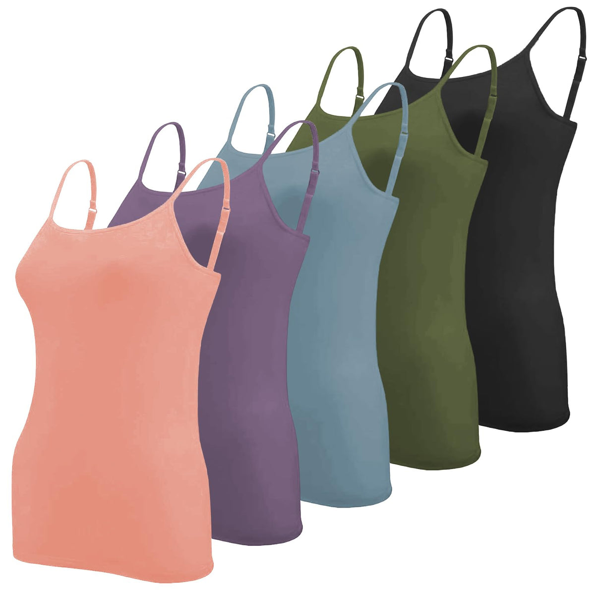 Sexy Basics Women's 5 Pack Cotton Rayon Stretch Cami Tank | Adjustable Spaghetti Strap Tank Top