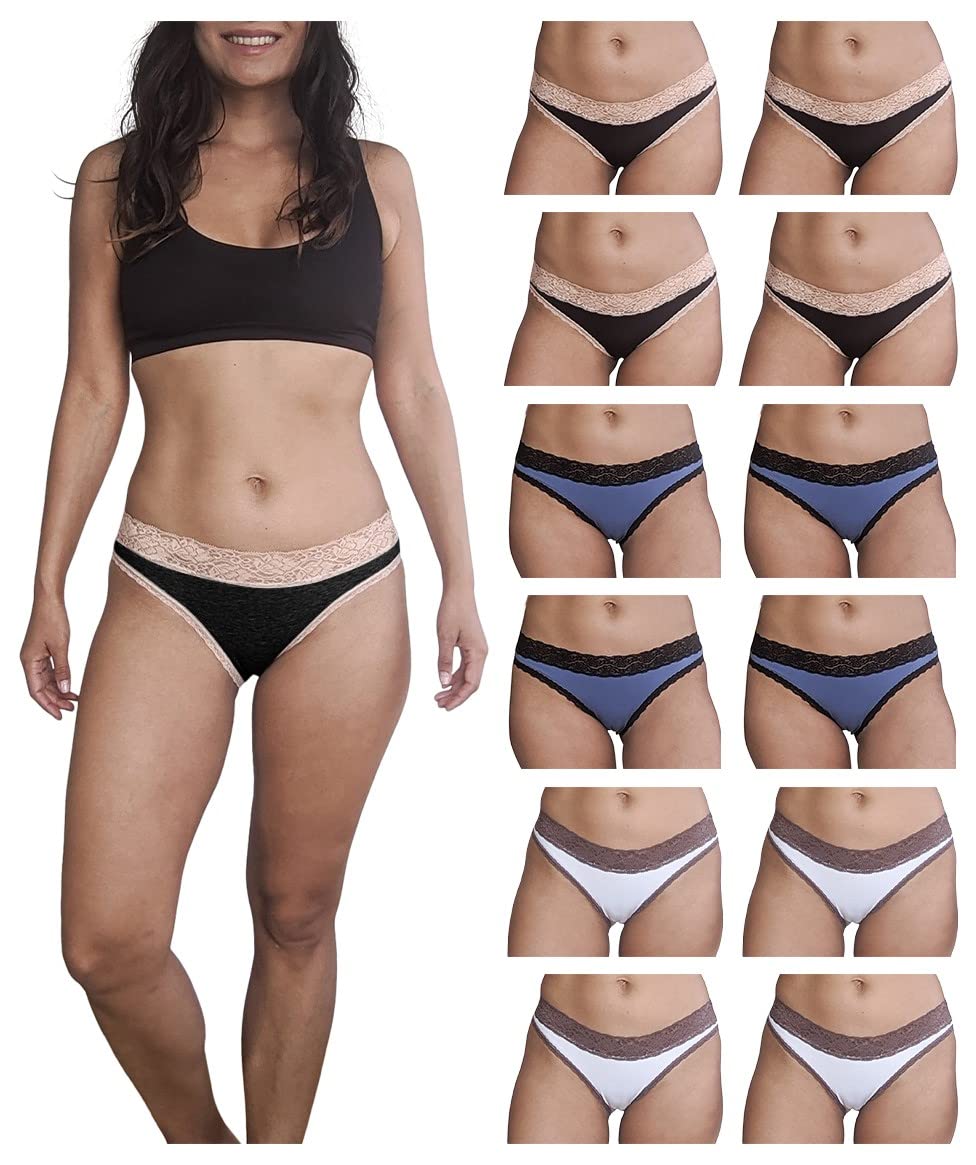12 Pack Women's Lace Trim Cotton-Spandex Bikini Panties