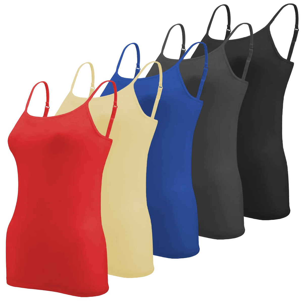 Sexy Basics Women's 5 Pack Cotton Rayon Stretch Cami Tank | Adjustable Spaghetti Strap Tank Top