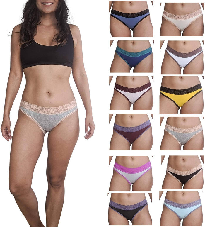 12 Pack Women's Lace Trim Cotton-Spandex Bikini Panties