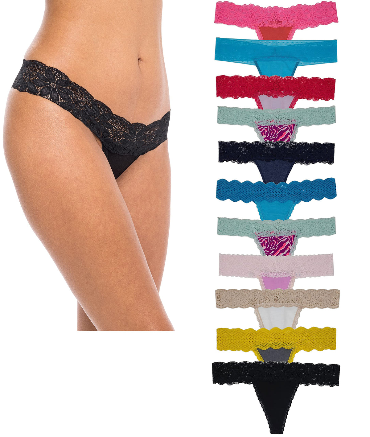 Sexy Basics Women's Thin Lace Hollowed Out T Back Low V Waisted Sexy Cheeky Thong | See Through Panties -Multi Packs