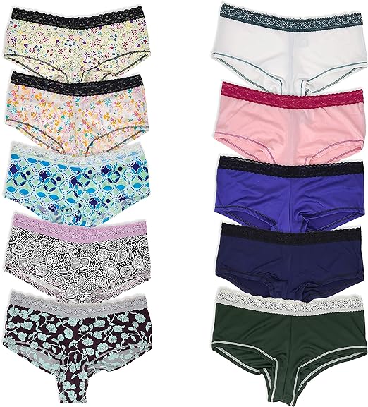 10 Pack Women's Lace Trim Nylon-Spandex Boyshort Briefs