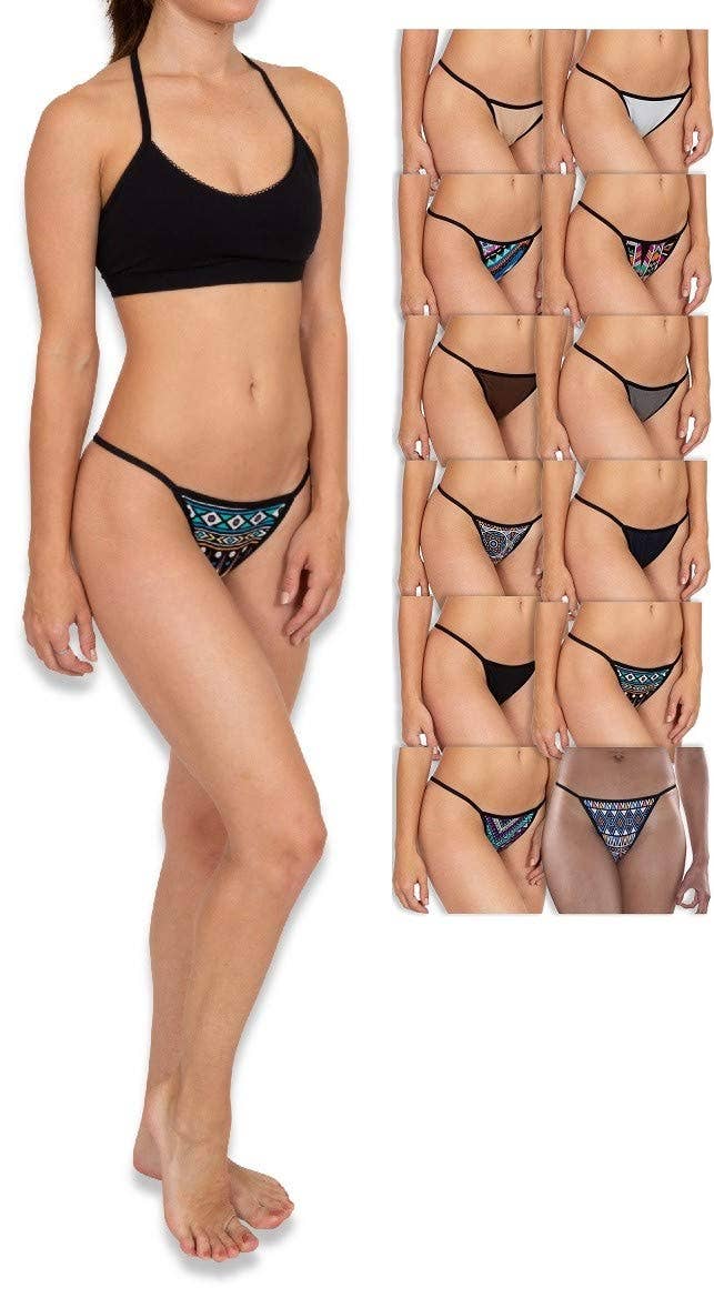Sexy Basics Women's 12 Pack String Bikini - T-Back Thong Underwear | Buttery Soft No Show Panties