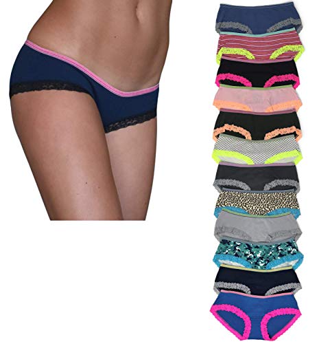 12 Pack Women's Lace Trim 100% Cotton Hipster Panties