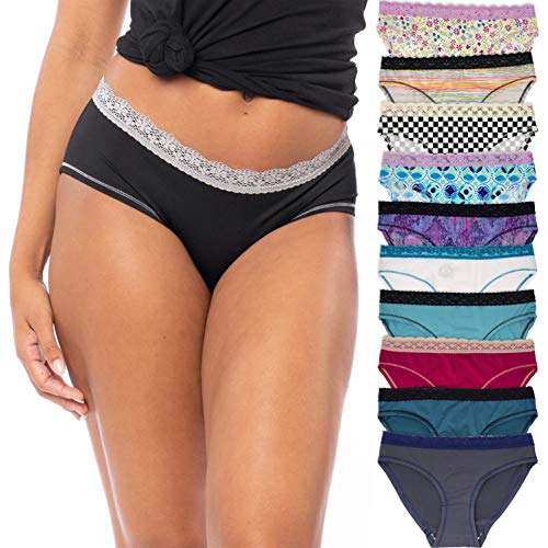 10 Pack Women's Lace Trim Micro Fiber Hi-Cut Bikini Panties