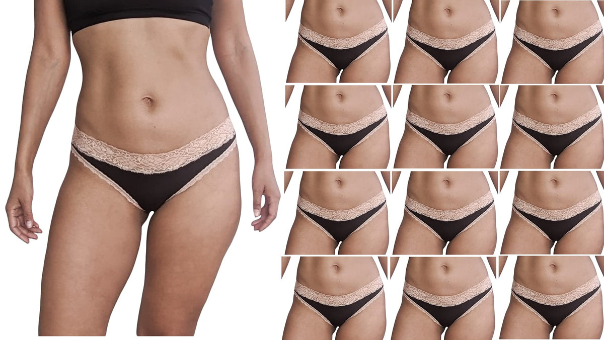 12 Pack Women's Lace Trim Cotton-Spandex Bikini Panties