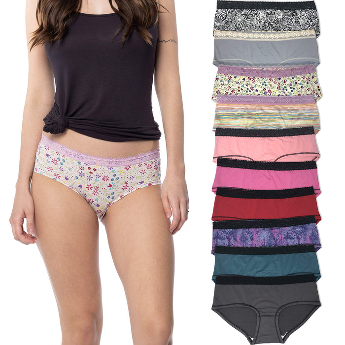 10 Pack Women's Lace Trim Nylon-Spandex Hipster Panties